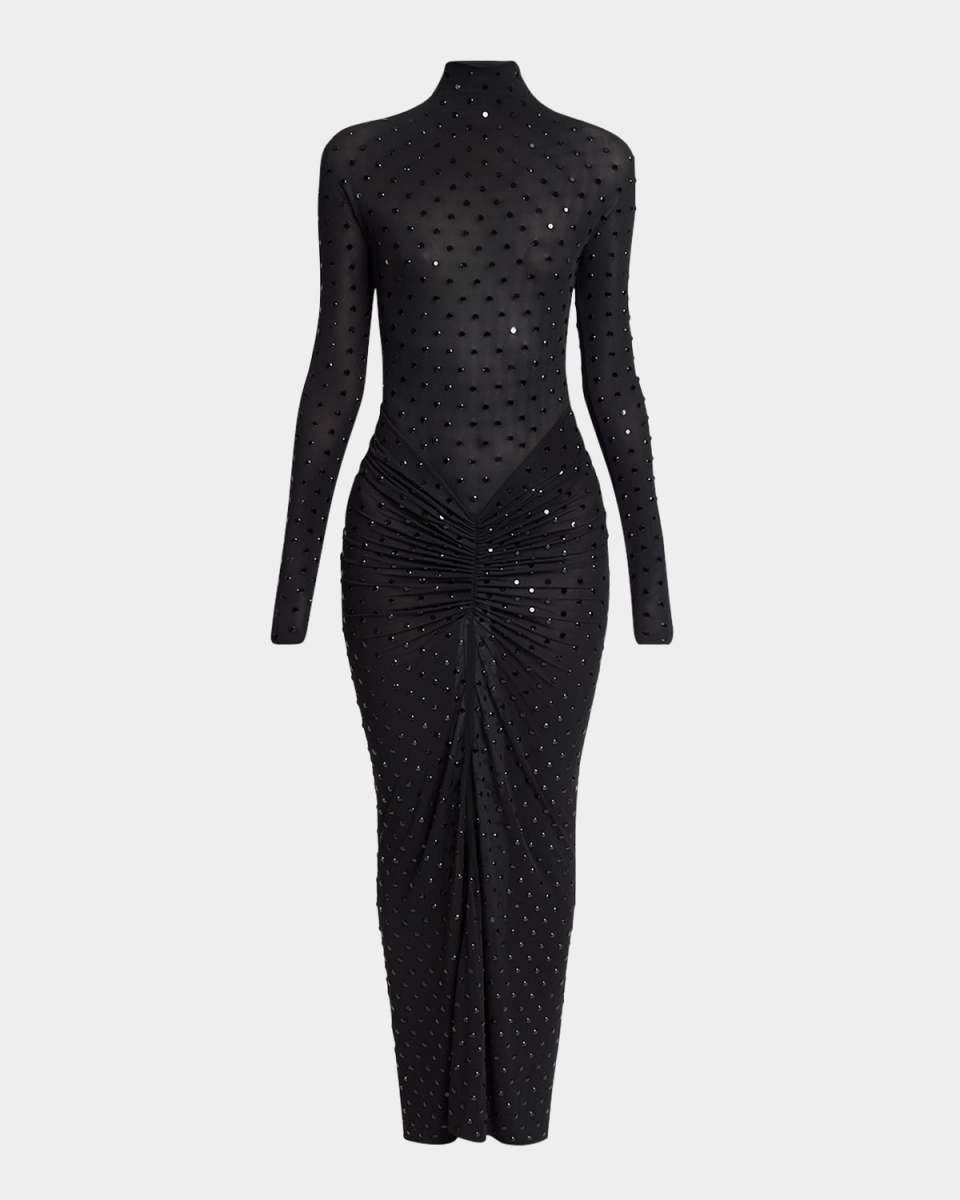 Studded Long-Sleeve Draped Sheer Maxi Dress